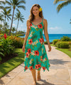 Spaghetti Hibiscus Hawaiian Dress with Scarf Hem Aqua