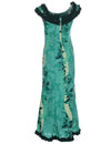 Back of Ilima Flower Lei Poly Cotton Long Ruffled Muumuu Dress Green