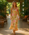 Orchid Long Ruffled Rayon Muumuu Dress Beige