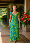 Long Ruffled Tea Length Style Muumuu Dress Blue