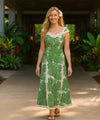 Hibiscus Flower Lei Long Muumuu Ruffle Dress Green