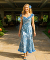 Hibiscus Flower Lei Long Muumuu Ruffle Dress Ocean Blue
