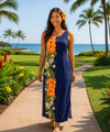 Long Maxi Cocktail Side Panel Hawaiian Dress Navy