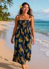Pineapples Rayon Maxi Long Smock Dress Navy One Size Fits Most XS-XL
