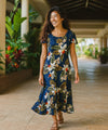 Wainapanapa Orchids Cap Sleeves Maxi Hawaiian Dress Navy
