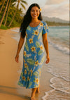 Cap Sleeves Tuberose Long Hawaiian Dress Ocean Blue