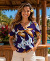 Magnum PI Calla Lily V-Neck Rayon Hawaiian Blouse Purple