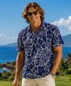 Monstera Polyester Spandex Men's Polo Aloha Shirt Navy