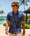 Monstera Polyester Spandex Polo Aloha Shirt Navy