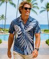 Palms Polyester Spandex Polo Aloha Shirt Navy