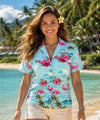 Flamingos Aloha Camp Shirt for Women Light Blue
