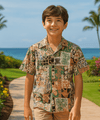 Boys Honu Tapa Cotton Aloha Shirt Green