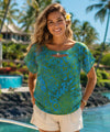 Rayon Front Cutout Tribal Jewel Neckline Short Sleeve Blouse Aqua