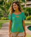 Rayon Front Cutout Tribal Jewel Neckline Blouse Aqua