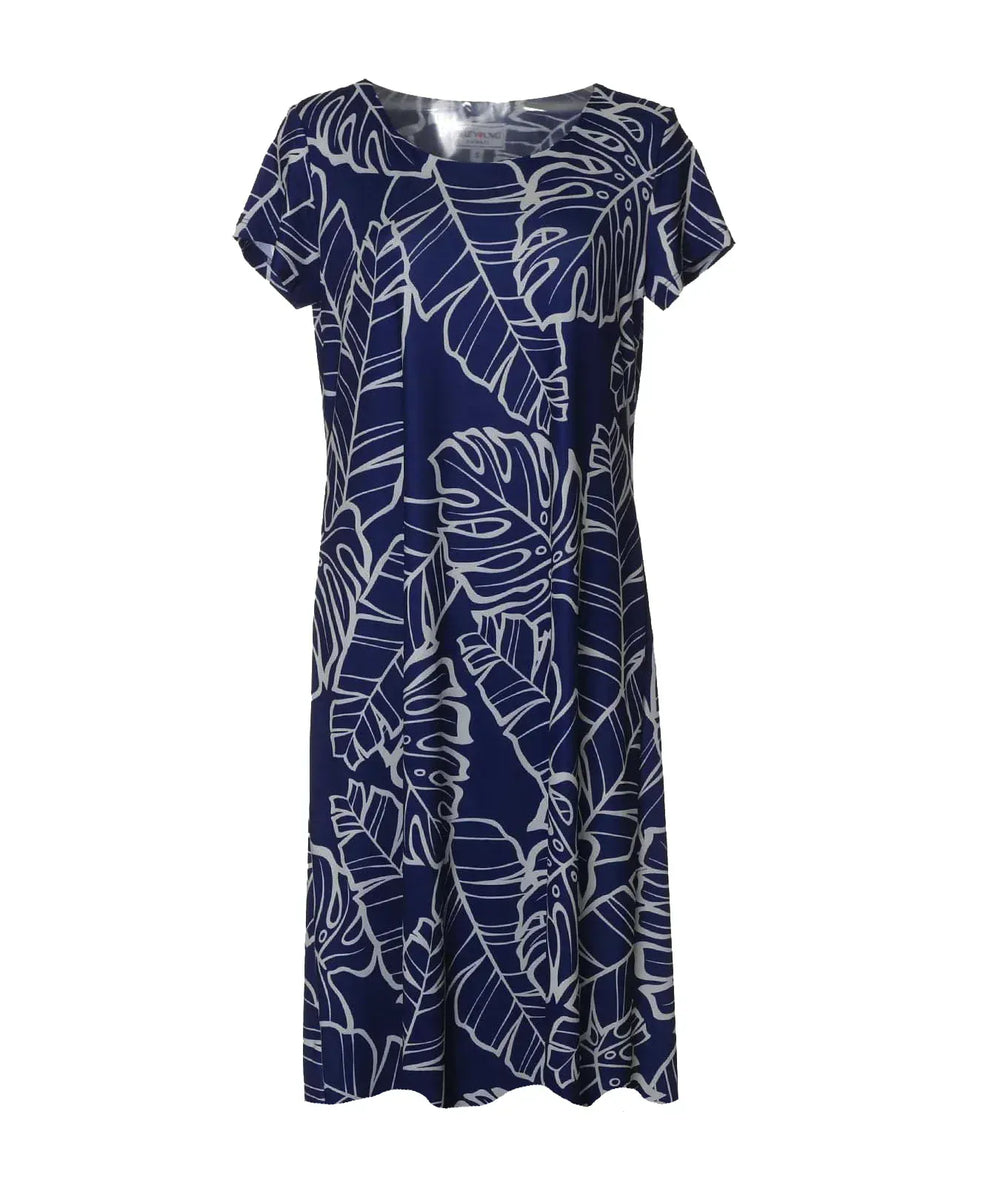 Short-Knit Hawaiian Dress with Sleeves Navy / M