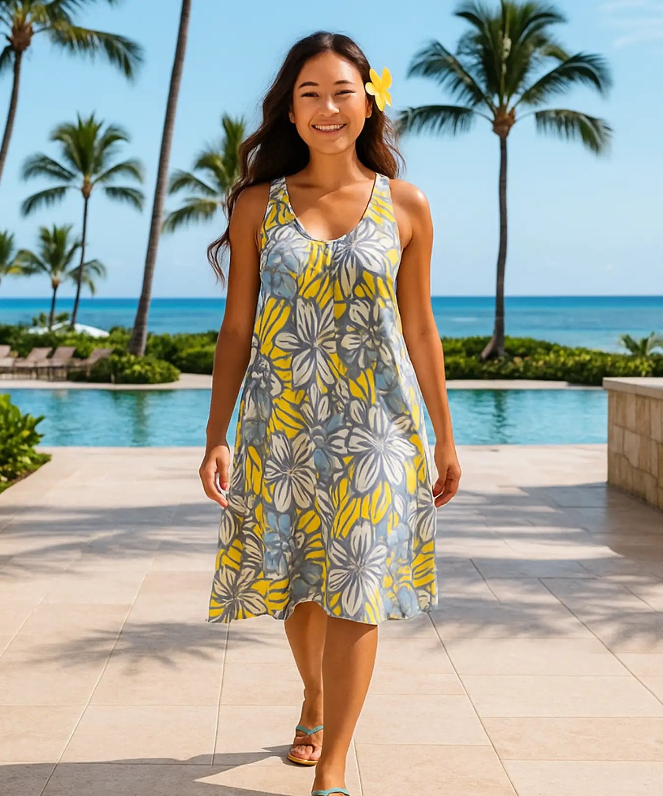 Poly Cotton Sleeveless Style Hawaiian dress White