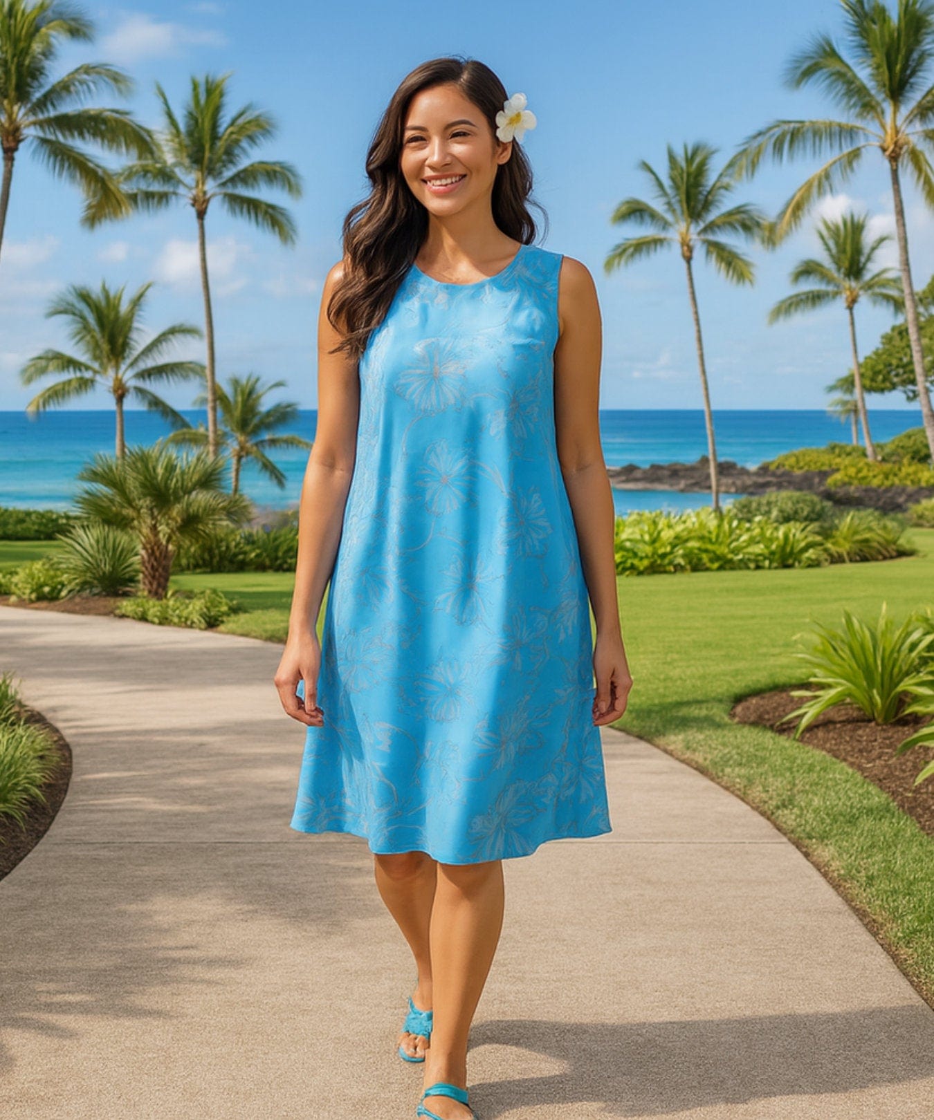 Short Hibiscus Rayon Hawaiian Dress Light Blue