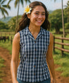 Navy Women Palaka Cotton Sleeveless Shirt Navy