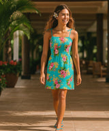 Smock Tube Top Shoulder Tie Hawaiian Dress Turquoise