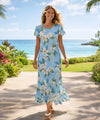 Plumeria Maxi Cap Sleeves Hawaiian Dress Light Sky Blue Cap Sleeves Long Dress Two Palms