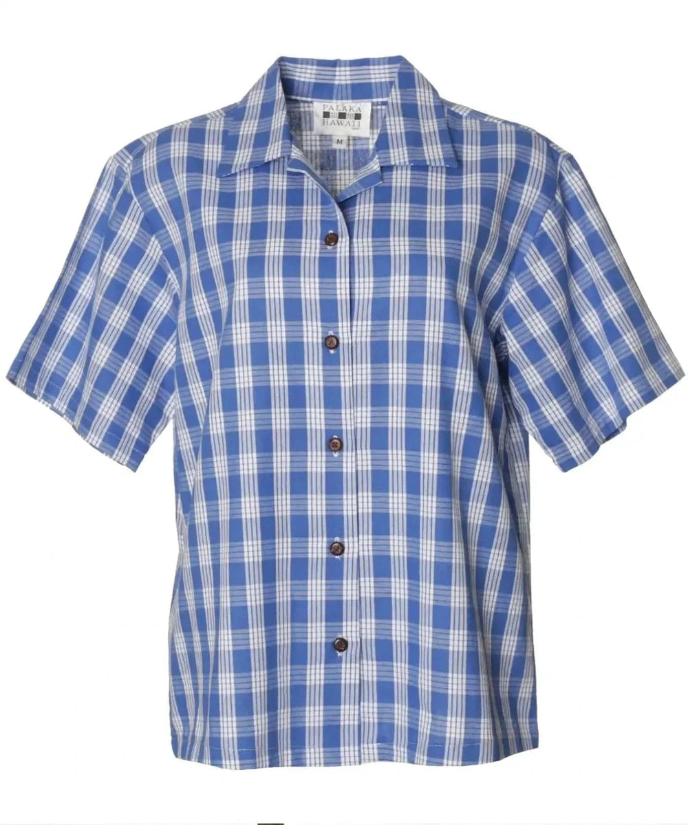 Short Sleeves Women's Palaka Royal Blue Shirt| Aloha Shirts Club