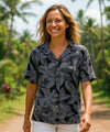 Short Sleeves Hibiscus Women Camp Blouse Black