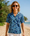 Short Sleeves Hibiscus Women Camp Blouse Turquoise