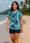 Short Sleeves Hibiscus Relax Fit Ladies Blouse Navy