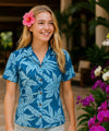 Short Sleeves Pineapples Women Hawaiian Blouse Blue