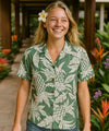 Short Sleeves Pineapples Women Hawaiian Blouse Moss