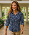 Hibiscus Ladies 3/4 Sleeves Cotton Shirt Navy