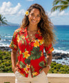 Women Short Sleeves Puunene Camp Hawaiian Shirt Red