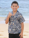 Aiea Tapa Cotton Boys Hawaiian Shirt Navy