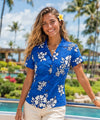 Aloha Fitted Blouse Tropical White Hibiscus Royal Blue