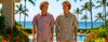 Men walking in a Hawaiian resort wearing Aloha shirts and enjoying the island vives.