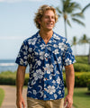Hibiscus Men's Cotton Aloha Shirt Royal Navy