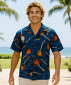 Short Sleeves Guitars Cotton Men's Aloha Shirt Navy