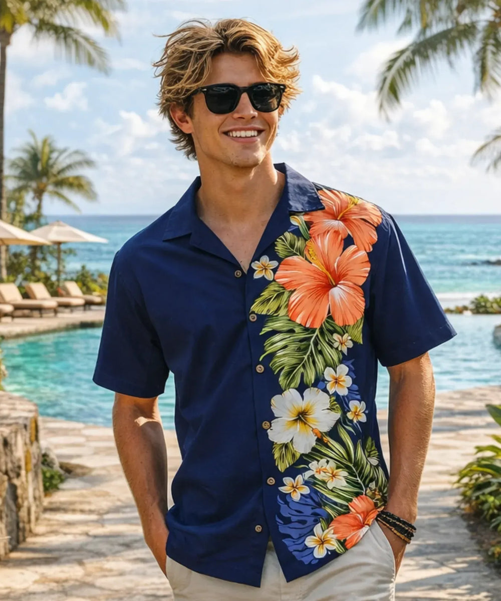 Side Panel Hibiscus Cotton Aloha Shirt | Aloha Shirts Club