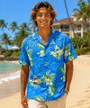 Birds of Paradise Black Rayon Aloha Shirt Sky Blue