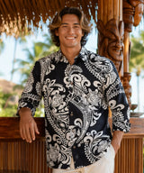 Polynesian 3/4 Sleeves Cotton Tribal Shirt Black