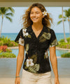 Kailua Hibiscus Flower Fitted Blouse Black