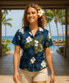 Kailua Hibiscus Flower Fitted Blouse Navy
