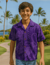 Monstera Leaves Cotton Boys Aloha Shirt Purple