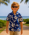 Hibiscus Cotton Boys Hawaiian Shirt Royal Navy