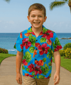 Watercolor Hibiscus Boys Hawaiian Shirt Blue