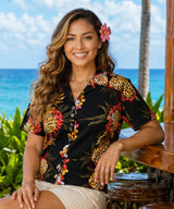 Women Pineapple Panel Black Camp Hawaiian Shirt Black