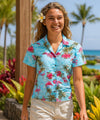 Flamingos Aloha Camp Shirt for Women Light Blue