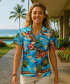 Polynesian Hawaiian Island Camp Shirt Turquoise