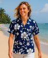 Kaneohe Women Camp Hawaiian Shirt Hibiscus Royal Navy