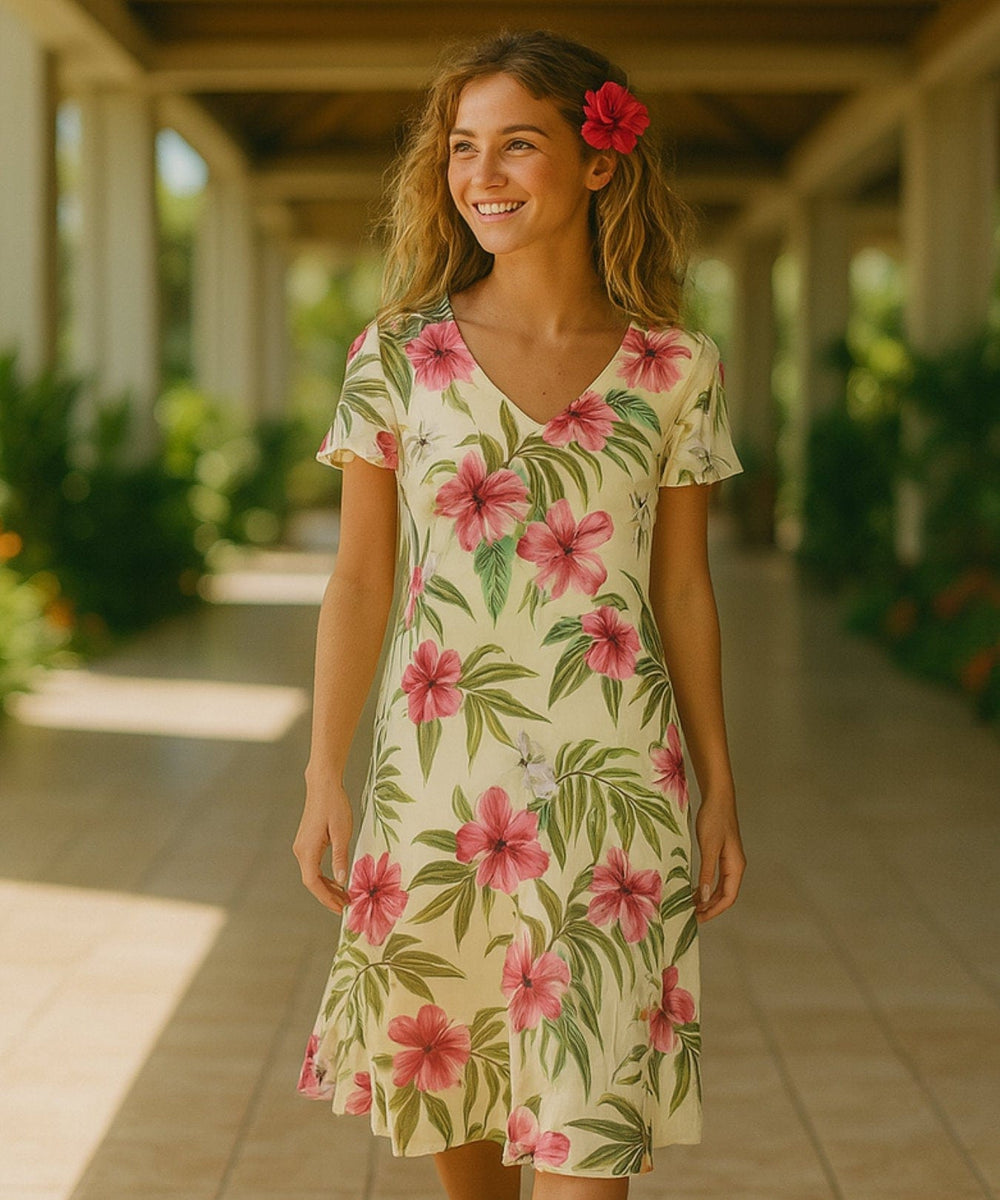 Iluna Long Maxi V-Neck Rayon Hawaiian Dress | Aloha Shirts Club